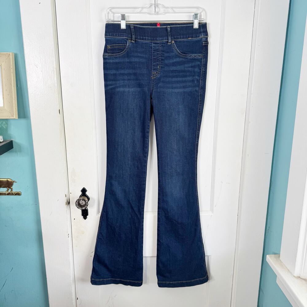 Spanx Mid Rise Flare Jeans Pull On Premium Stretch Denim Midnight Shade Size S P
